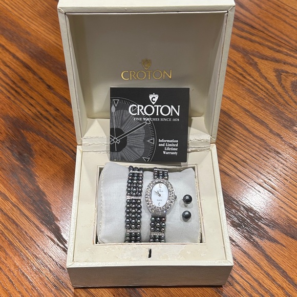 Croton Black Bead Watch and Bracelet Set with Silver Crystal Accents